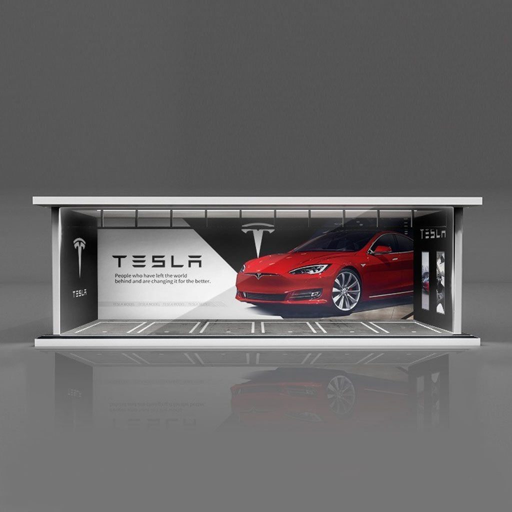 Black Box Diorama Parking Garage With LED Light - Tesla (1:64 Scale)