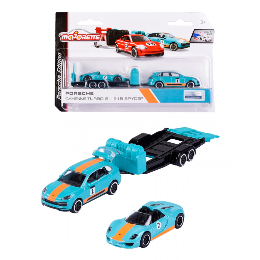 Majorette Porsche Race Trailer Set Cayenne Turbo S 918 Spyder