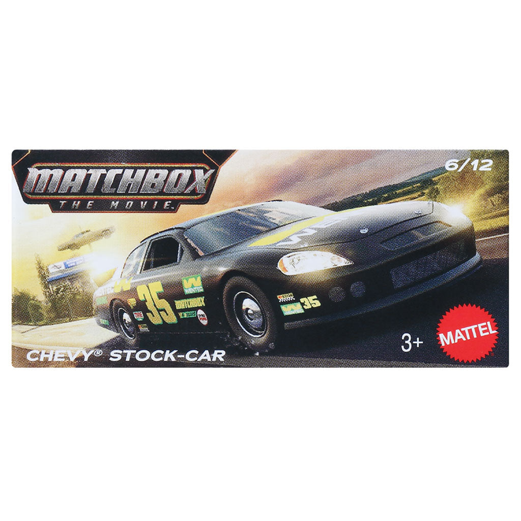 Matchbox The Movie Chevy Stock Car toy car packaging, featuring a black race car with yellow and green decals on a racetrack background. The box includes the Matchbox logo, 'Chevy Stock-Car' text, '6/12' scale marking, and a red Mattel logo.