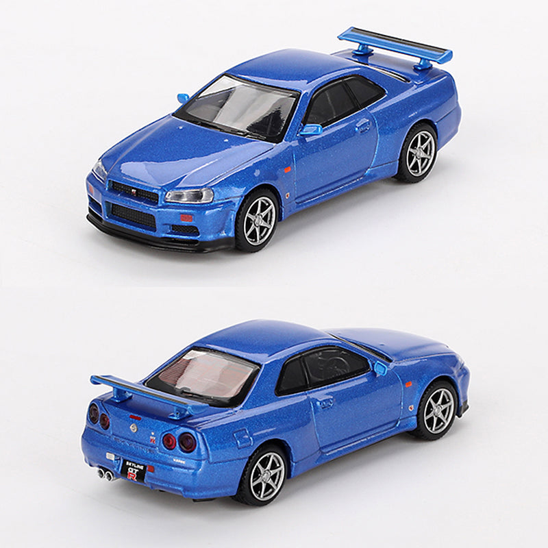 Showcasing a Skyline GTR r34 model car in Bayside Blue by MiniGT Showcasing a Skyline GTR r34 model car in Bayside Blue by MiniGT