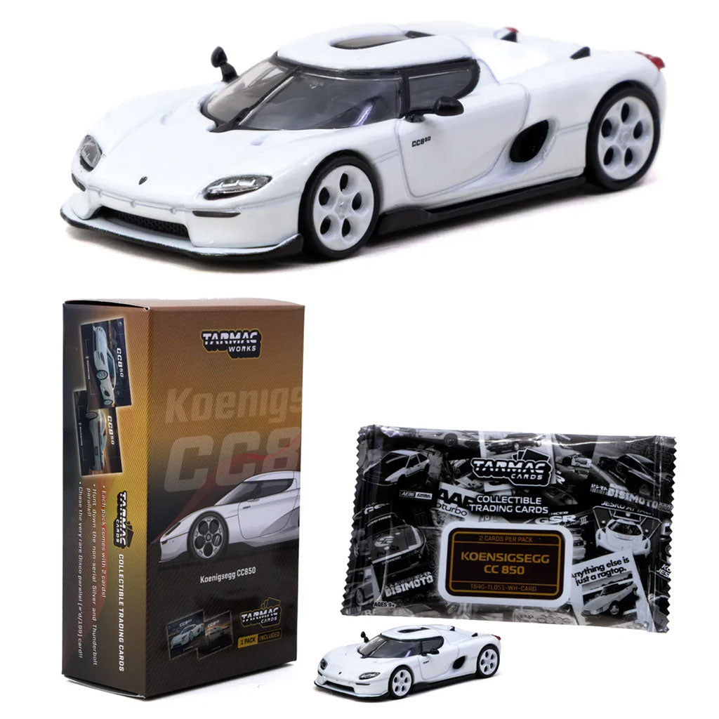 Tarmac Works Koenigsegg CC850 White With Pack Of Trading Cards (1:64)