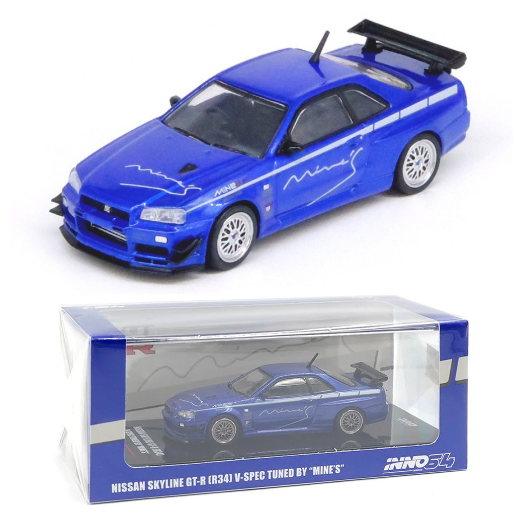 Inno64 Nissan Skyline GT-R R34 V-Spec Tuned By Mine's Blue (1:64)