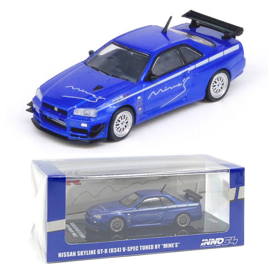 Inno64 Nissan Skyline GT-R R34 V-Spec Tuned By Mine's Blue (1:64)