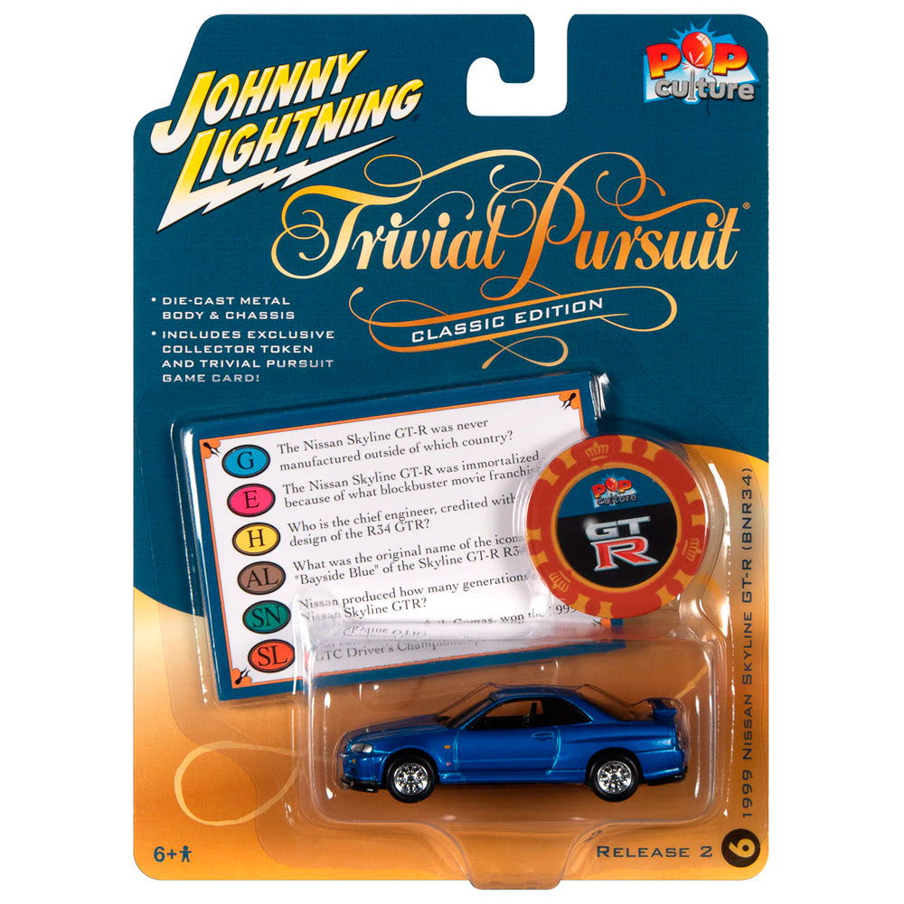 Johnny Lightning 1999 Nissan Skyline GT-R BNR34 Blue Trivial Pursuit (1/64)