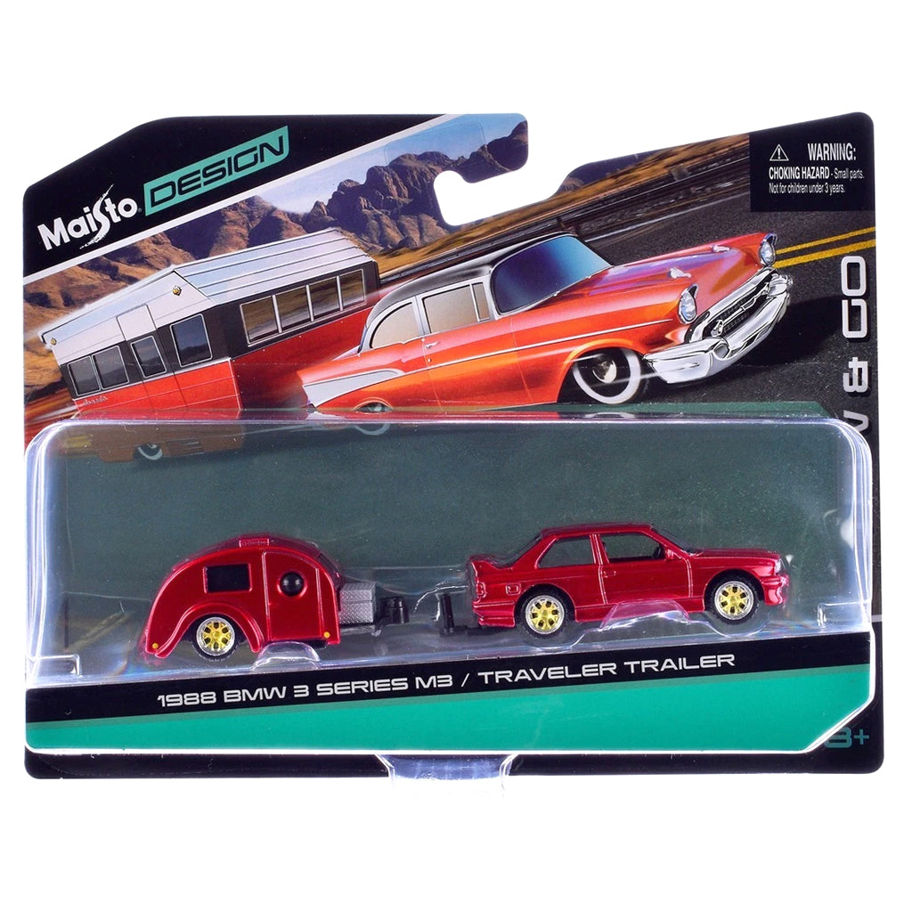 Maisto 1988 BMW 3 Series M3 E30 Red With Caravan Type Trailer (1:64)