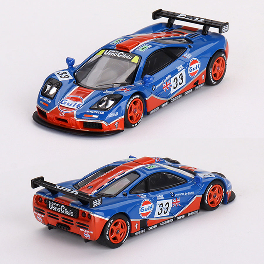 Mini GT McLaren F1 GTR 33 Gulf Le Mans 1996 723 Rear Wing Broken mini-gt-mclaren-f1-gtr-33-gulf-le-mans-1996-723-rear-wing-broken