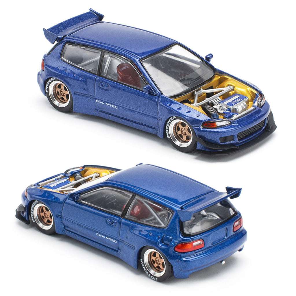 Pop Race Honda Civic EG6 Pandem With Open Bonnet Blue (174) (1:64)