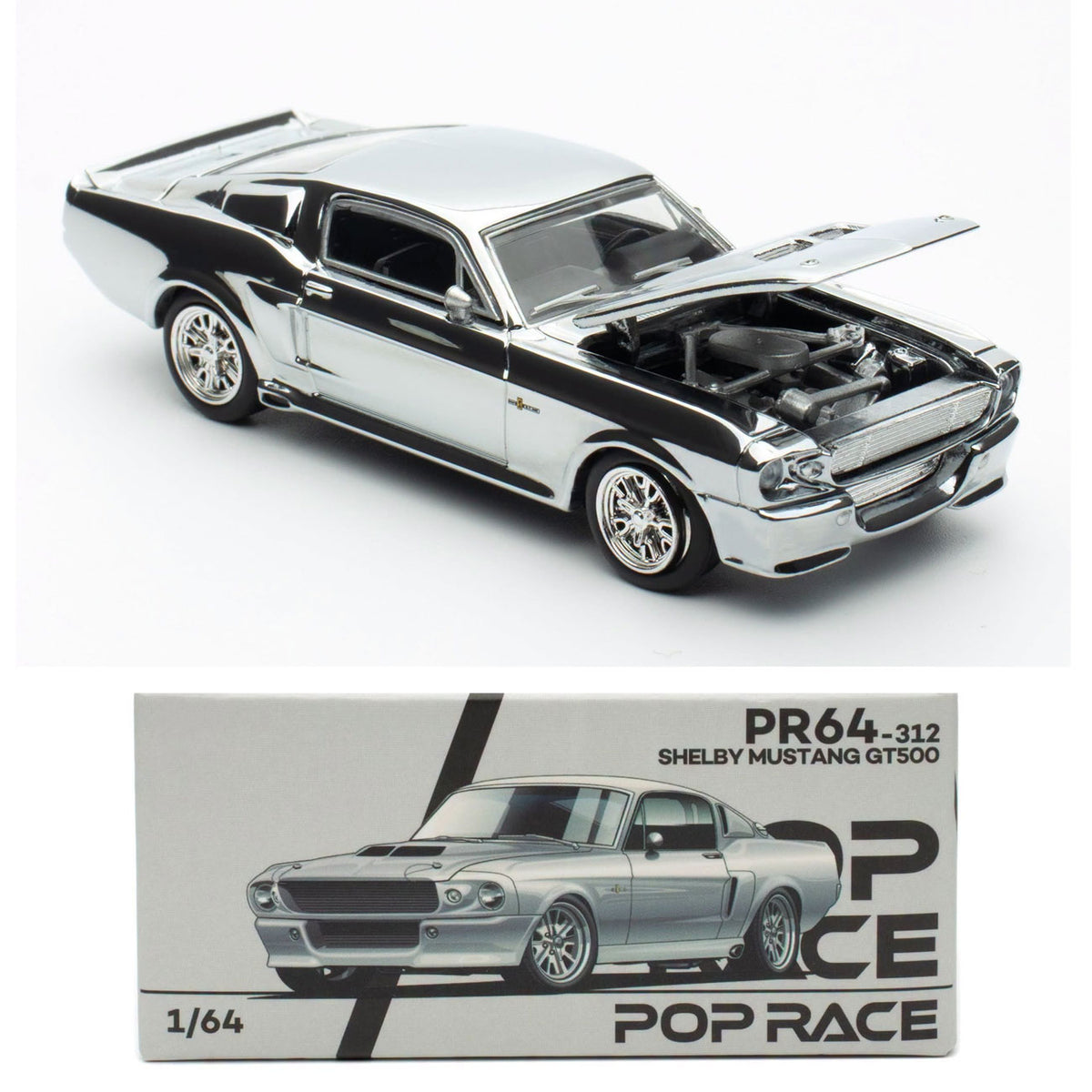 Pop Race Shelby Mustang GT500 Silver Chrome (312) (1:64 Scale)