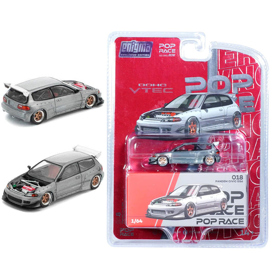 Pop Race Pandem Honda Civic EG6 Raw Metal With Open Hood (1:64 Scale)
